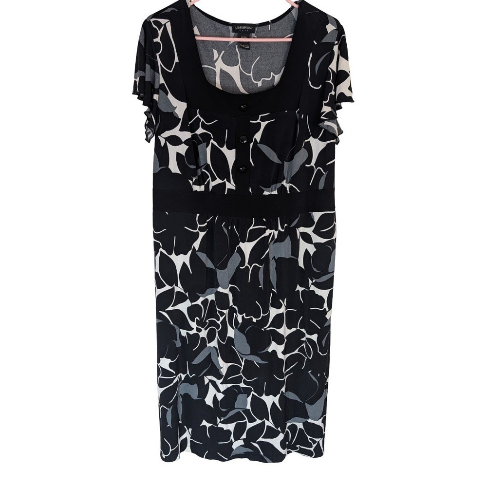 Lane Bryant Floral Dress Womens 14/16W Black White Empire Waist Flutter Sleeve